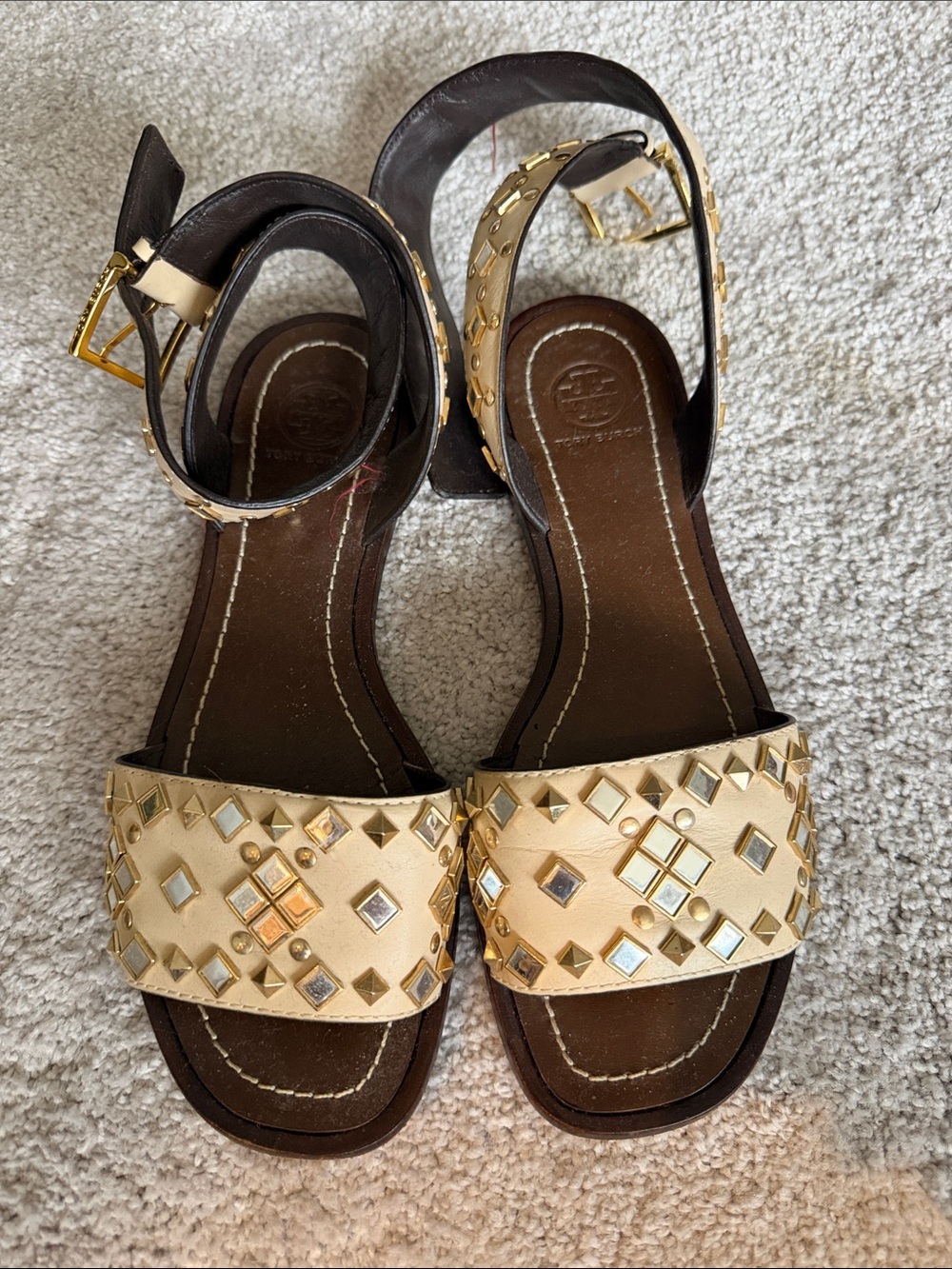 Tory Burch Gold and Brown Studded Leather Ankle-Strap Sandals